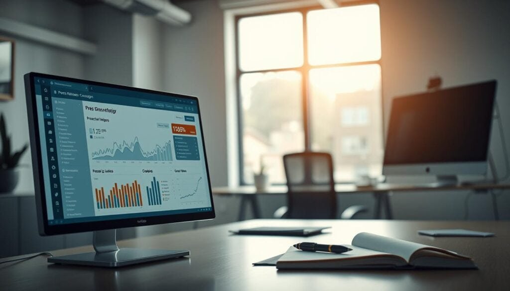 A modern, well-lit office space with a sleek, minimalist aesthetic. In the foreground, a desktop computer displays an analytics dashboard, highlighting key metrics and performance indicators for a recent press release campaign. The middle ground features a neatly organized workspace, with a pen, notebook, and other stationery items, suggesting the process of analyzing and interpreting the data. The background showcases a large window, allowing natural light to flood the room and create a warm, inviting atmosphere. The overall scene conveys a sense of professionalism, attention to detail, and a data-driven approach to measuring the success of a press release distribution strategy.
