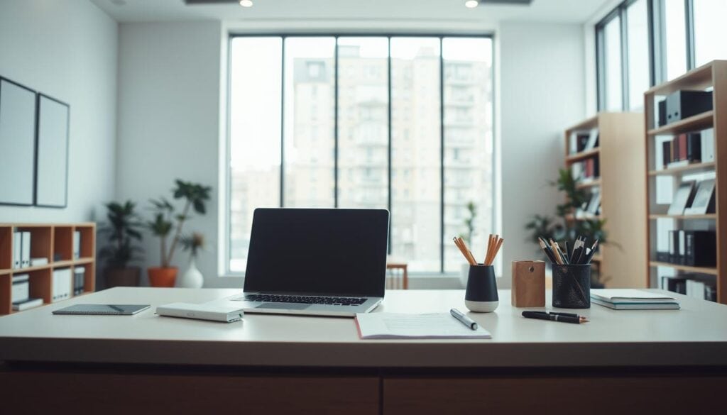A modern, well-lit office space, with a sleek, minimalist aesthetic. In the foreground, a desk with a laptop, a notebook, and a neatly organized array of stationery items. On the desk, a grant application form is prominently displayed, suggesting the focus of the scene. The middle ground features a large, floor-to-ceiling window, allowing natural light to flood the space and create a warm, inviting atmosphere. In the background, shelves filled with business-related books and documents, hinting at the professional nature of the setting. The overall mood is one of focused productivity and strategic planning, capturing the essence of a "grant application strategy" for female entrepreneurs. A modern, well-lit office space, with a sleek, minimalist aesthetic. In the foreground, a desk with a laptop, a notebook, and a neatly organized array of stationery items. On the desk, a grant application form is prominently displayed, suggesting the focus of the scene. The middle ground features a large, floor-to-ceiling window, allowing natural light to flood the space and create a warm, inviting atmosphere. In the background, shelves filled with business-related books and documents, hinting at the professional nature of the setting. The overall mood is one of focused productivity and strategic planning, capturing the essence of a "grant application strategy" for female entrepreneurs.