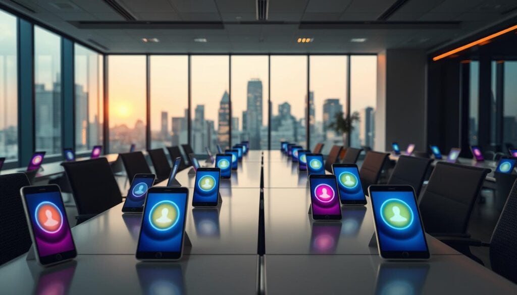 A modern, well-lit office space with a sleek, minimalist aesthetic. Rows of smartphones and tablets are neatly arranged on desks, each displaying the vibrant interfaces of top-rated meditation apps. The room is bathed in warm, cinematic lighting, creating a calming, inviting atmosphere. In the background, a large window offers a panoramic view of a bustling city skyline. The scene conveys a sense of professionalism, innovation, and the growing prominence of digital wellness tools in the contemporary business landscape. A modern, well-lit office space with a sleek, minimalist aesthetic. Rows of smartphones and tablets are neatly arranged on desks, each displaying the vibrant interfaces of top-rated meditation apps. The room is bathed in warm, cinematic lighting, creating a calming, inviting atmosphere. In the background, a large window offers a panoramic view of a bustling city skyline. The scene conveys a sense of professionalism, innovation, and the growing prominence of digital wellness tools in the contemporary business landscape.