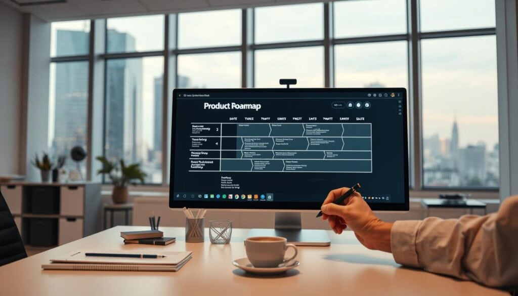 A modern, well-lit office space with a sleek, minimalist design. In the foreground, a computer monitor displays a digital product roadmap, while a person's hands are shown using a stylus to make notes and annotations. In the middle ground, neatly organized office supplies and a cup of coffee sit on a clean, uncluttered desk. The background features large windows overlooking a bustling cityscape, bathed in warm, cinematic lighting. The scene conveys a sense of focus, productivity, and the practical steps involved in creating a successful digital product. A modern, well-lit office space with a sleek, minimalist design. In the foreground, a computer monitor displays a digital product roadmap, while a person's hands are shown using a stylus to make notes and annotations. In the middle ground, neatly organized office supplies and a cup of coffee sit on a clean, uncluttered desk. The background features large windows overlooking a bustling cityscape, bathed in warm, cinematic lighting. The scene conveys a sense of focus, productivity, and the practical steps involved in creating a successful digital product.