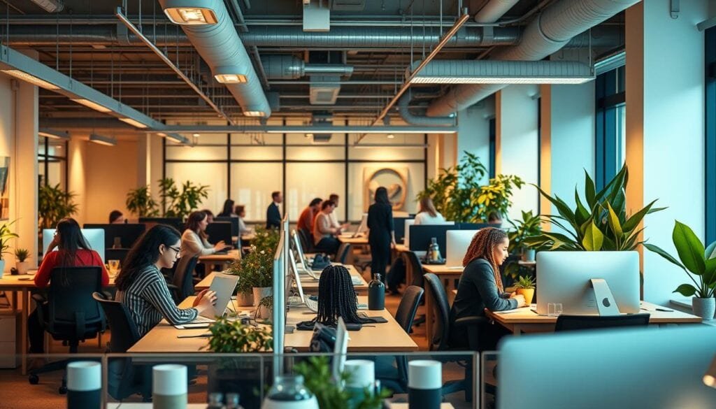 A modern, well-lit office space with a vibrant company culture focused on employee mental health. The scene depicts a diverse team engaged in collaborative activities, surrounded by ergonomic workstations and wellness-promoting decor. Warm, directional lighting accentuates the open, airy atmosphere, while thoughtful design elements like natural greenery and soothing color palettes convey a sense of calm and rejuvenation. The overall impression is one of a nurturing, employee-centric work environment that prioritizes mental wellbeing alongside professional goals.