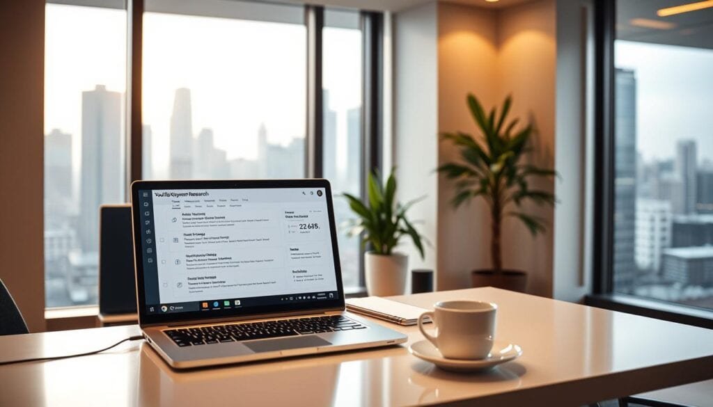A modern, well-lit office space with sleek, minimalist decor. In the foreground, a laptop screen displays a detailed analysis of YouTube keyword research, highlighting its critical importance for optimizing video content and achieving higher rankings. The middle ground features a stylish desk with a high-end desktop computer, a cup of coffee, and a few neatly organized office supplies, conveying a professional, productive atmosphere. The background showcases large, floor-to-ceiling windows overlooking a bustling city skyline, bathed in warm, cinematic lighting. The overall scene conveys the significance of thorough YouTube keyword research for businesses and content creators seeking to dominate the platform in 2025. A modern, well-lit office space with sleek, minimalist decor. In the foreground, a laptop screen displays a detailed analysis of YouTube keyword research, highlighting its critical importance for optimizing video content and achieving higher rankings. The middle ground features a stylish desk with a high-end desktop computer, a cup of coffee, and a few neatly organized office supplies, conveying a professional, productive atmosphere. The background showcases large, floor-to-ceiling windows overlooking a bustling city skyline, bathed in warm, cinematic lighting. The overall scene conveys the significance of thorough YouTube keyword research for businesses and content creators seeking to dominate the platform in 2025.