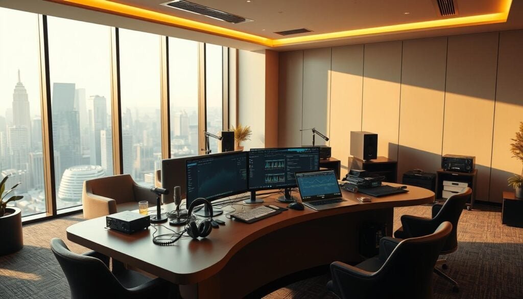 A modern, well-lit office space with sleek, minimalist furniture and a large, curved desk in the center. On the desk, an array of high-end audio equipment, including microphones, headphones, and a state-of-the-art transcription software interface. The room is bathed in a warm, cinematic lighting that casts dramatic shadows and highlights the various technological components. In the background, a large window provides a view of a bustling cityscape, adding a sense of professionalism and industry to the scene. The overall atmosphere exudes a sense of expertise, attention to detail, and a commitment to delivering high-quality transcription services.