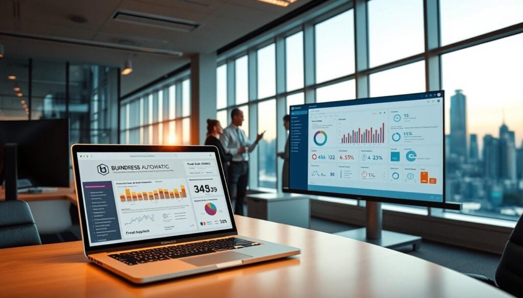 A modern, well-lit office space with sleek, minimalist furniture and digital displays showcasing a business automation dashboard. In the foreground, a laptop screen displays a BrandMag logo and various upsell and cross-sell automation metrics and analytics. The middle ground features a team of professionals collaborating, gesturing towards the dashboard. The background captures a panoramic view of the city skyline through floor-to-ceiling windows, bathed in warm, cinematic lighting. The overall atmosphere conveys a sense of efficiency, synergy, and cutting-edge marketing strategies. A modern, well-lit office space with sleek, minimalist furniture and digital displays showcasing a business automation dashboard. In the foreground, a laptop screen displays a BrandMag logo and various upsell and cross-sell automation metrics and analytics. The middle ground features a team of professionals collaborating, gesturing towards the dashboard. The background captures a panoramic view of the city skyline through floor-to-ceiling windows, bathed in warm, cinematic lighting. The overall atmosphere conveys a sense of efficiency, synergy, and cutting-edge marketing strategies.