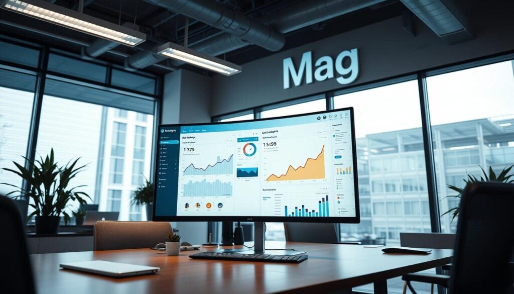 A modern, well-lit office space, with the "BrandMag" brand prominently displayed. A large, curved monitor showcases the Google Analytics 4 (GA4) custom reports and explorations interface, its clean, intuitive design inviting exploration. The user interface is crisp, with a balanced layout of graphs, charts, and data visualizations. Soft, directional lighting illuminates the scene, creating a professional, yet welcoming atmosphere. The camera angle is slightly elevated, providing an overview of the workspace, emphasizing the centrality of the GA4 interface. An atmosphere of focused productivity and analytical insights permeates the scene. A modern, well-lit office space, with the "BrandMag" brand prominently displayed. A large, curved monitor showcases the Google Analytics 4 (GA4) custom reports and explorations interface, its clean, intuitive design inviting exploration. The user interface is crisp, with a balanced layout of graphs, charts, and data visualizations. Soft, directional lighting illuminates the scene, creating a professional, yet welcoming atmosphere. The camera angle is slightly elevated, providing an overview of the workspace, emphasizing the centrality of the GA4 interface. An atmosphere of focused productivity and analytical insights permeates the scene.