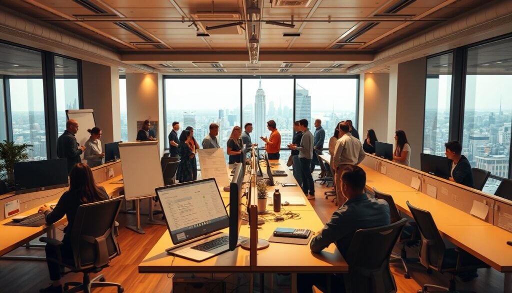 A modern, well-lit startup accelerator program space. The foreground features ergonomic workstations, whiteboards, and collaboration areas bathed in warm, directional lighting. In the middle ground, groups of entrepreneurs engaged in intense discussions and brainstorming sessions. The background showcases panoramic city views through floor-to-ceiling windows, conveying a sense of urban energy and opportunity. The overall mood is one of focused productivity, innovation, and ambitious entrepreneurial spirit. Photorealistic, 8K resolution. A modern, well-lit startup accelerator program space. The foreground features ergonomic workstations, whiteboards, and collaboration areas bathed in warm, directional lighting. In the middle ground, groups of entrepreneurs engaged in intense discussions and brainstorming sessions. The background showcases panoramic city views through floor-to-ceiling windows, conveying a sense of urban energy and opportunity. The overall mood is one of focused productivity, innovation, and ambitious entrepreneurial spirit. Photorealistic, 8K resolution.