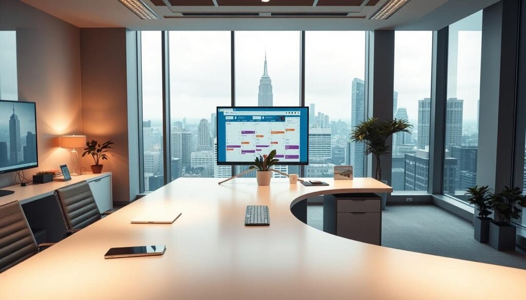 A modern, well-organized office workspace with a sleek, minimalist design. A large, curved desk dominates the foreground, showcasing an Agorapulse social media calendar displayed on a high-resolution monitor. Subtle ambient lighting casts a warm, professional glow, while the middle ground features neatly arranged office supplies and a stylish, potted plant. In the background, floor-to-ceiling windows offer a picturesque cityscape, creating a sense of depth and urban sophistication. The overall atmosphere is one of efficient productivity and advanced social media management capabilities.