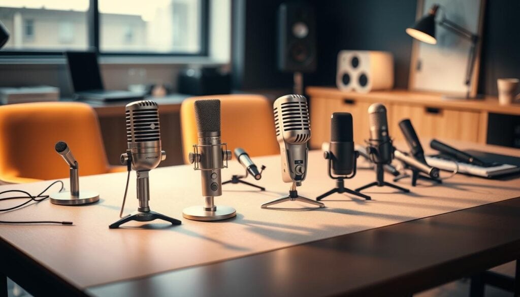 A neatly arranged tabletop displaying an assortment of budget microphones, each carefully positioned for comparison. The scene is bathed in warm, cinematic lighting that casts soft shadows, highlighting the metallic accents and intricate details of the microphones. The composition is balanced, with the microphones taking center stage against a minimalist, modern office backdrop. The overall mood is professional and inviting, conveying a sense of thoughtful consideration for the subject matter. The image captures the essence of the "Product Roundup: Top Budget Mics for Beginners" section, providing a visually compelling representation of the article's focus. A neatly arranged tabletop displaying an assortment of budget microphones, each carefully positioned for comparison. The scene is bathed in warm, cinematic lighting that casts soft shadows, highlighting the metallic accents and intricate details of the microphones. The composition is balanced, with the microphones taking center stage against a minimalist, modern office backdrop. The overall mood is professional and inviting, conveying a sense of thoughtful consideration for the subject matter. The image captures the essence of the "Product Roundup: Top Budget Mics for Beginners" section, providing a visually compelling representation of the article's focus.