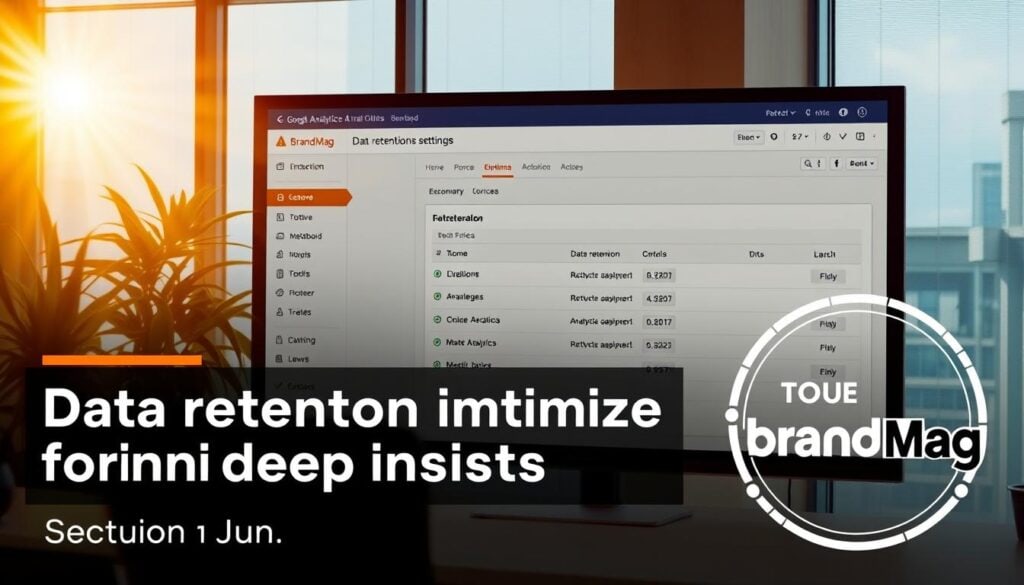 A photorealistic, cinematic image of the Google Analytics 4 (GA4) data retention settings dashboard, set in a modern, well-lit office space. The dashboard is presented on a large, high-resolution display, showcasing the various data retention options and controls. The scene is bathed in warm, directional lighting, creating a professional and authoritative atmosphere. The BrandMag logo is prominently displayed in the corner, indicating this is a feature for the publication. The overall composition emphasizes the importance of data retention optimization for gaining deep insights, as per the article's section title. A photorealistic, cinematic image of the Google Analytics 4 (GA4) data retention settings dashboard, set in a modern, well-lit office space. The dashboard is presented on a large, high-resolution display, showcasing the various data retention options and controls. The scene is bathed in warm, directional lighting, creating a professional and authoritative atmosphere. The BrandMag logo is prominently displayed in the corner, indicating this is a feature for the publication. The overall composition emphasizes the importance of data retention optimization for gaining deep insights, as per the article's section title.
