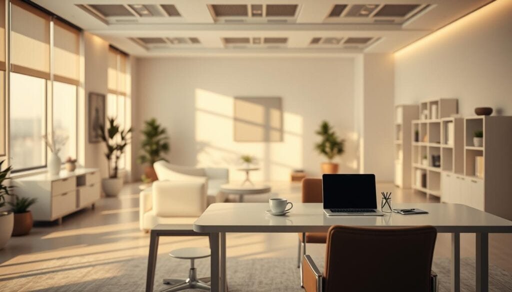 A pristine, minimalist thumbnail design showcasing a crisp, modern office setting. Sleek, minimalist furniture and decor populate the foreground, bathed in warm, cinematic lighting. The mid-ground features a clean, uncluttered desk with a laptop, cup of coffee, and a few essential accessories. The background subtly blurs, creating visual depth and emphasis on the central elements. This photorealistic, 8K image exudes a sense of professionalism, productivity, and the contemporary aesthetic that will captivate YouTube viewers in 2025.