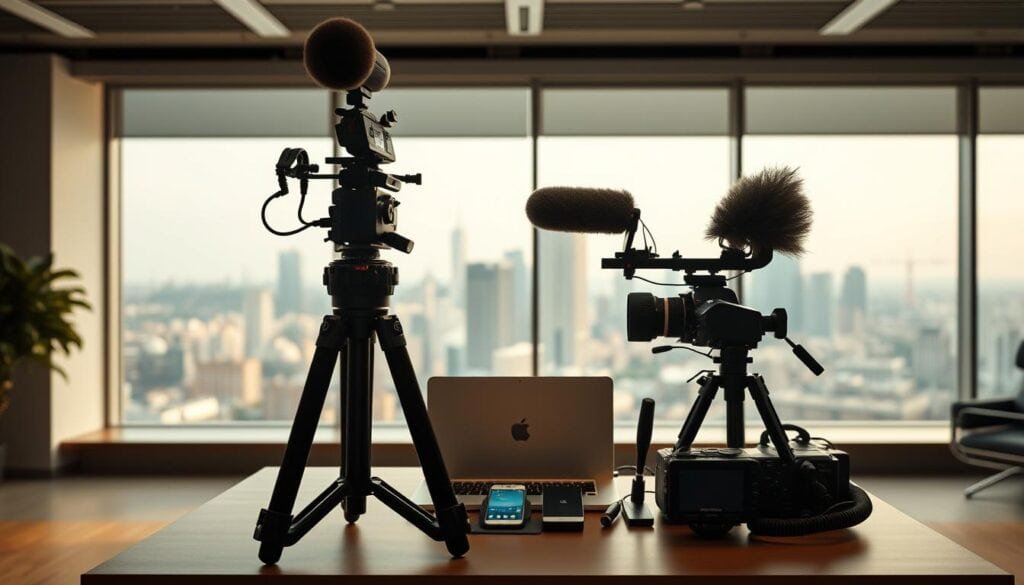 A pristine, well-equipped mobile journalism workstation against a backdrop of a sleek, minimalist office setting. In the foreground, high-end camera gear, a sturdy tripod, and a professional-grade microphone are meticulously arranged. The middle ground features a modern laptop, a compact smartphone, and a wireless audio transmitter, all bathed in warm, cinematic lighting. In the background, a large window offers a glimpse of a bustling city skyline, creating a sense of urgency and connection to the world beyond. This comprehensive mobile journalism kit, captured in photorealistic 8K detail, embodies the essential tools for the modern, on-the-go reporter.
