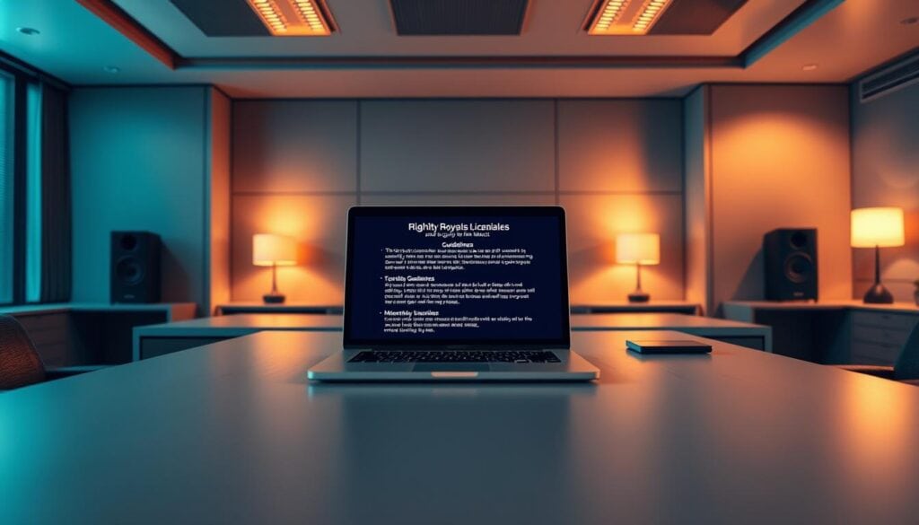 A professional and sleek-looking office space with an expansive desk, where a laptop displays guidelines and licensing information for high-quality royalty-free music. The room is bathed in warm, cinematic lighting, creating a sophisticated and authoritative atmosphere. The desk is adorned with a minimal, modern aesthetic, reflecting the curated and refined nature of the music libraries. The scene conveys a sense of professionalism and attention to detail, perfectly capturing the essence of the article's subject matter. A professional and sleek-looking office space with an expansive desk, where a laptop displays guidelines and licensing information for high-quality royalty-free music. The room is bathed in warm, cinematic lighting, creating a sophisticated and authoritative atmosphere. The desk is adorned with a minimal, modern aesthetic, reflecting the curated and refined nature of the music libraries. The scene conveys a sense of professionalism and attention to detail, perfectly capturing the essence of the article's subject matter.
