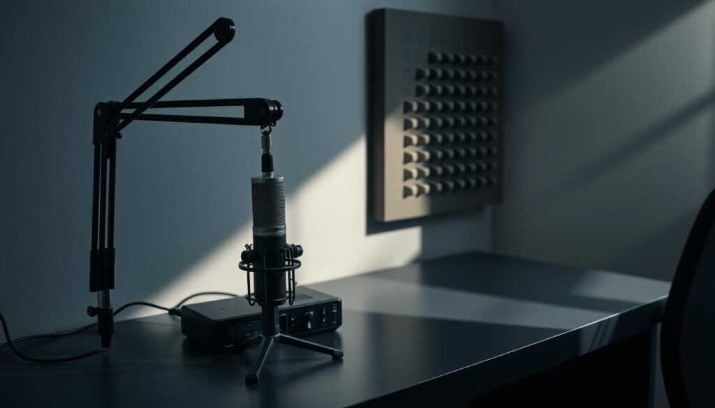 A professional-grade portable podcasting recording setup stands on a sleek, modern desk, bathed in cinematic lighting that casts dramatic shadows. In the foreground, a premium condenser microphone perches atop a sturdy boom arm, positioned just right for clear, crisp vocal capture. Behind it, a compact digital audio recorder with intuitive controls awaits, ready to store high-quality audio. In the background, a minimalist acoustic panel adorns the wall, subtly enhancing the recording environment. The entire scene exudes a sense of focused productivity, perfect for on-the-go podcasting in a polished, professional manner. A professional-grade portable podcasting recording setup stands on a sleek, modern desk, bathed in cinematic lighting that casts dramatic shadows. In the foreground, a premium condenser microphone perches atop a sturdy boom arm, positioned just right for clear, crisp vocal capture. Behind it, a compact digital audio recorder with intuitive controls awaits, ready to store high-quality audio. In the background, a minimalist acoustic panel adorns the wall, subtly enhancing the recording environment. The entire scene exudes a sense of focused productivity, perfect for on-the-go podcasting in a polished, professional manner.