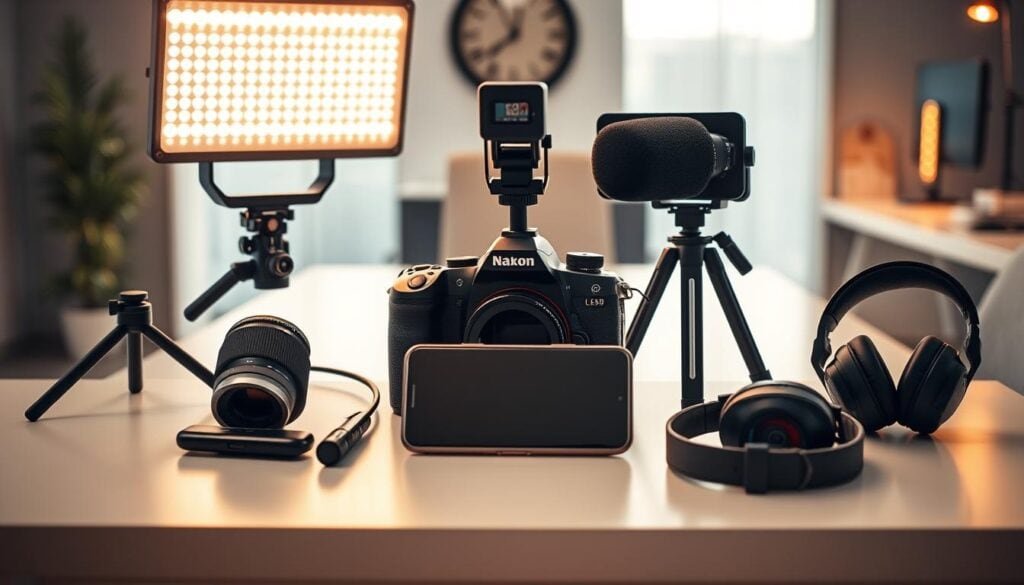 A professional mobile journalism kit, artfully arranged on a sleek, minimalist desk. In the foreground, a high-quality DSLR camera and a compact, versatile mirrorless camera sit side by side. Nearby, a state-of-the-art smartphone with a professional-grade camera module. Surrounding these centerpieces, a collection of essential accessories: a sturdy, adjustable tripod, a high-powered LED light panel, a directional microphone, and a pair of noise-canceling headphones. The entire setup is bathed in a warm, cinematic lighting, creating a mood of focused, high-quality content creation. In the background, a clean, modern office environment, with hints of technology and creativity. The overall scene conveys the ultimate in mobile journalism equipment, ready to capture impactful stories in stunning 8K resolution.