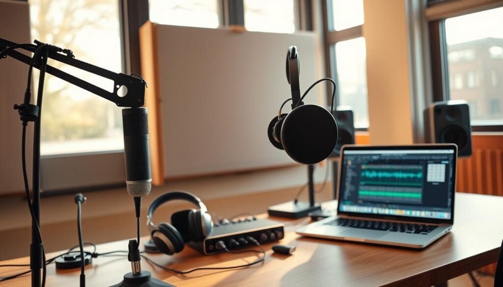 A professional recording studio setup with state-of-the-art podcast equipment. In the foreground, a sleek USB microphone on an adjustable boom arm, and a high-quality pair of studio headphones. On the desk, a compact audio interface with multiple input channels, and a modern laptop displaying audio editing software. Behind, a softly-lit sound-dampening panel creates a warm, professional ambiance. Natural daylight streams in from large windows, casting a cinematic glow over the entire scene. The overall atmosphere conveys the ideal environment for remote podcast recording and music production.