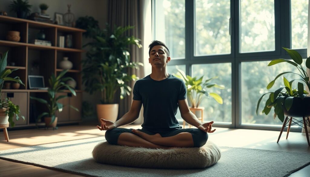 A serene home office setting with a meditating individual seated on a plush meditation cushion, surrounded by lush indoor plants and natural light streaming through large windows. The person's posture is upright and focused, their eyes closed in a state of deep contemplation. Soft, diffused lighting creates a tranquil atmosphere, accentuating the calming mood. The scene conveys a sense of mindfulness, personal growth, and the transformative power of a regular meditation practice. Photorealistic, 8K resolution, cinematic lighting. A serene home office setting with a meditating individual seated on a plush meditation cushion, surrounded by lush indoor plants and natural light streaming through large windows. The person's posture is upright and focused, their eyes closed in a state of deep contemplation. Soft, diffused lighting creates a tranquil atmosphere, accentuating the calming mood. The scene conveys a sense of mindfulness, personal growth, and the transformative power of a regular meditation practice. Photorealistic, 8K resolution, cinematic lighting.