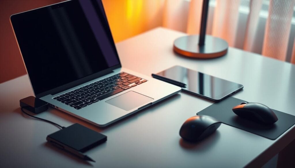 A sleek and compact arrangement of modern office gadgets on a minimalist desk, bathed in warm cinematic lighting. A high-end laptop, a wireless charging dock, a slim tablet, a premium stylus, and a compact wireless mouse sit neatly together, creating a seamless and organized workspace. The scene is captured in photorealistic detail, with attention to the premium materials and finishes of the devices. The overall atmosphere is one of efficiency, productivity, and refined professionalism, reflecting the cutting-edge technology of the near-future home office. A sleek and compact arrangement of modern office gadgets on a minimalist desk, bathed in warm cinematic lighting. A high-end laptop, a wireless charging dock, a slim tablet, a premium stylus, and a compact wireless mouse sit neatly together, creating a seamless and organized workspace. The scene is captured in photorealistic detail, with attention to the premium materials and finishes of the devices. The overall atmosphere is one of efficiency, productivity, and refined professionalism, reflecting the cutting-edge technology of the near-future home office.