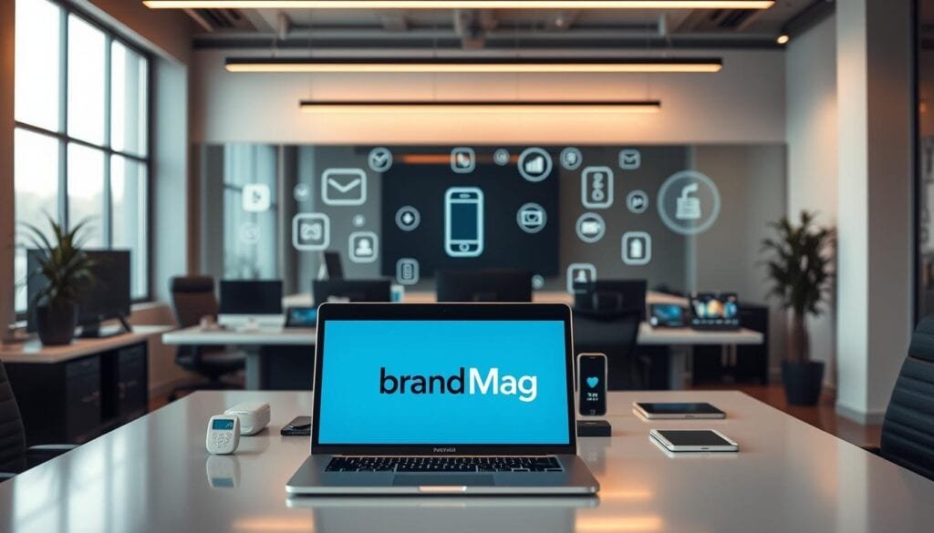 A sleek and modern office space with a large desk featuring various payment icons and options prominently displayed. The scene is bathed in cinematic lighting, creating a warm and inviting atmosphere. In the foreground, a laptop showcases the "BrandMag" logo, hinting at the digital nature of the payment solutions. The middle ground features various mobile devices and tablets, reflecting the diverse payment methods available in the social commerce landscape. The background showcases a clean and minimalist aesthetic, allowing the payment options to take center stage. The overall composition conveys a sense of innovation, technology, and the seamless integration of payment solutions into the social commerce experience.