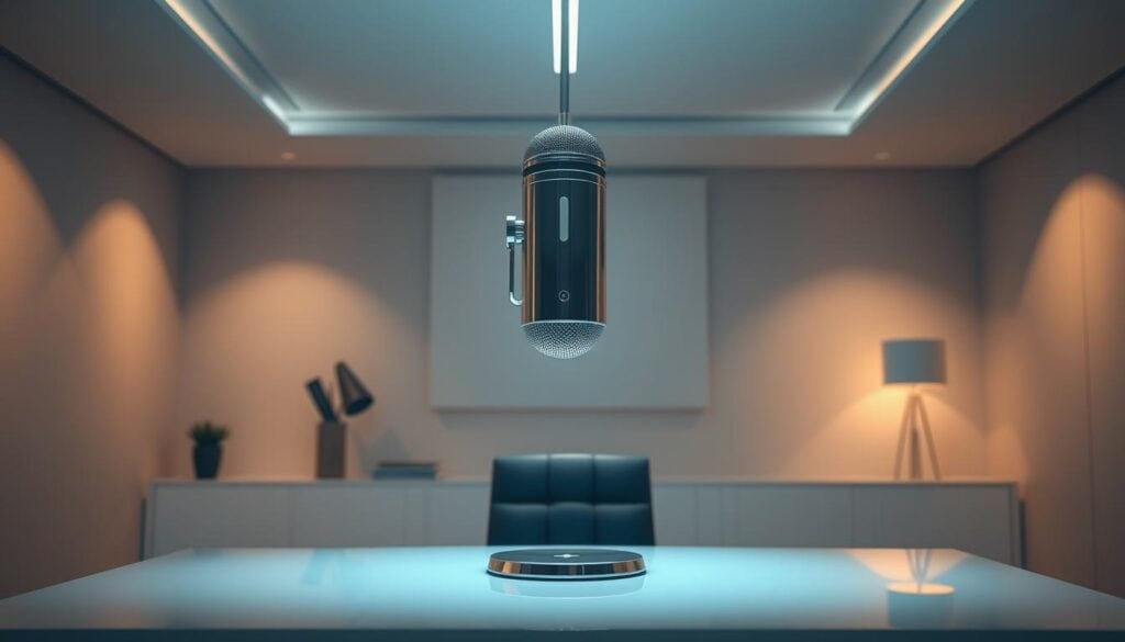 A sleek, futuristic microphone hovers above a smooth, glass-topped desk in a modern, minimalist office. Soft, directional lighting from concealed sources accentuates the microphone's elegant curves and reflective, chrome-like surface. The microphone appears to be suspended in midair, its advanced, 32-bit float technology hinted at by a subtle glow emanating from within. The surrounding space is sparse yet refined, with clean lines and a muted color palette, creating a sense of technological sophistication. This vision of tomorrow's podcast recording equipment promises unparalleled audio quality and a seamless, user-friendly experience. A sleek, futuristic microphone hovers above a smooth, glass-topped desk in a modern, minimalist office. Soft, directional lighting from concealed sources accentuates the microphone's elegant curves and reflective, chrome-like surface. The microphone appears to be suspended in midair, its advanced, 32-bit float technology hinted at by a subtle glow emanating from within. The surrounding space is sparse yet refined, with clean lines and a muted color palette, creating a sense of technological sophistication. This vision of tomorrow's podcast recording equipment promises unparalleled audio quality and a seamless, user-friendly experience.