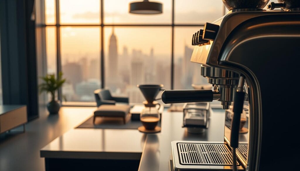 A sleek, minimalist business setting with a focus on specialty coffee. Smooth, shiny espresso machine in the foreground, its stainless steel gleaming under warm, cinematic lighting. Freshly ground beans in a glass container, their rich aroma permeating the air. In the middle ground, a pour-over setup with a handcrafted ceramic dripper, the amber liquid cascading gracefully. Expansive windows in the background, city skyline visible beyond, bathed in a soft, golden glow. Streamlined, modern office furniture and decor create a polished, professional atmosphere. 8K resolution captures every exquisite detail.