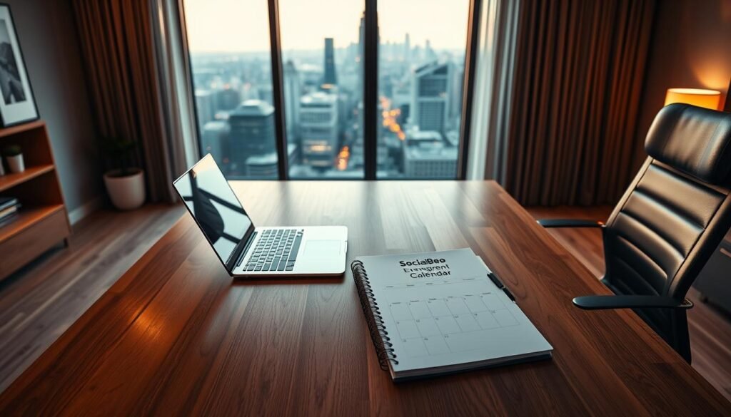 A sleek, minimalist home office interior with a large wooden desk and ergonomic chair. On the desk, a state-of-the-art laptop and a stylish planner titled "SocialBee Evergreen Content Calendar" are neatly arranged. Warm, cinematic lighting illuminates the scene, casting soft shadows and highlighting the crisp, clean lines of the furniture. The background features a large window overlooking a bustling city skyline, creating a sense of professionalism and productivity. The overall atmosphere is one of efficiency, organization, and a focus on evergreen content strategy.