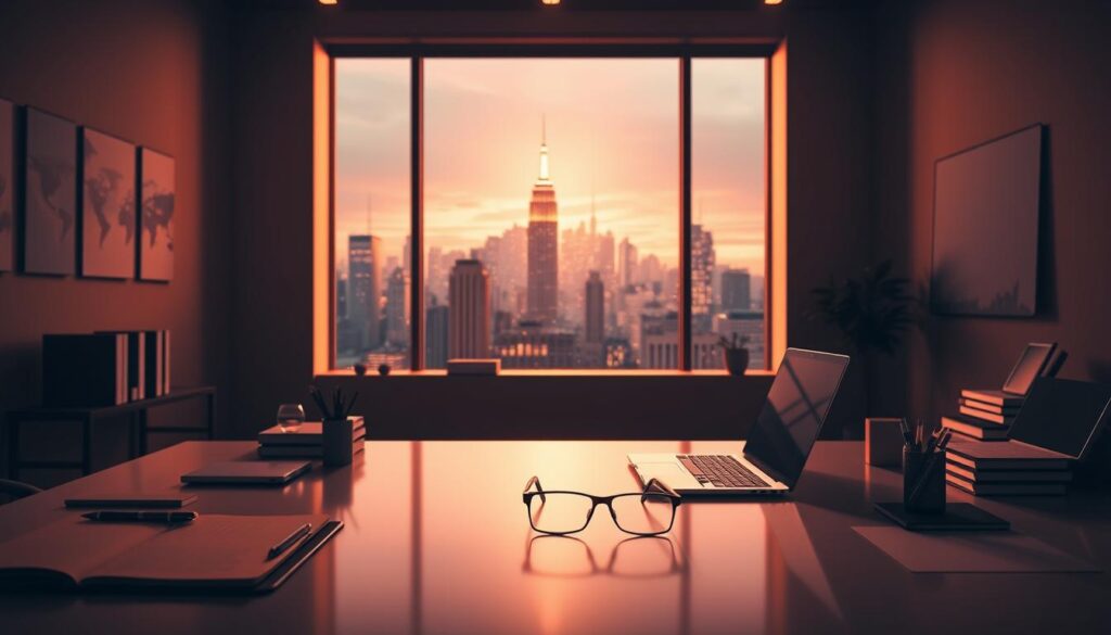 A sleek, minimalist office space flooded with warm, cinematic lighting. On the desk, a laptop, a pair of glasses, and various office supplies arranged neatly. In the background, a large window overlooking a bustling city skyline. The scene conveys a sense of productivity and focus, yet with a calm, meditative atmosphere - a visual representation of "alternative strategies for digital eye strain" to complement the article's exploration of blue light glasses. Photorealistic, 8K quality.