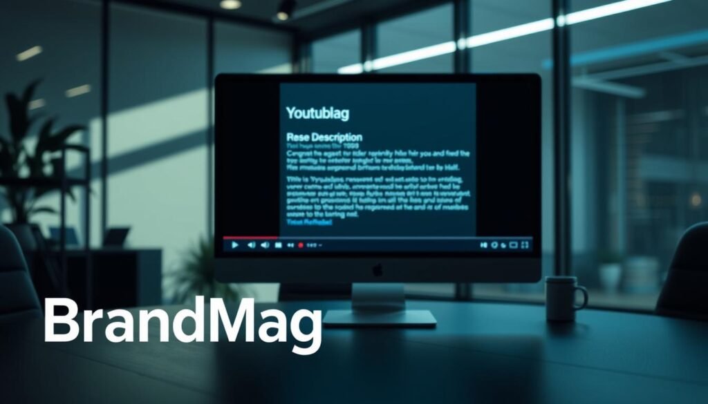 A sleek, modern office interior with a large computer monitor displaying a video title and description. Cinematic lighting casts dramatic shadows, highlighting the carefully curated metadata. In the foreground, a stylized "BrandMag" logo stands as a testament to the importance of optimization. The scene conveys a sense of professionalism and attention to detail, reflecting the subject of the article on YouTube SEO tools.