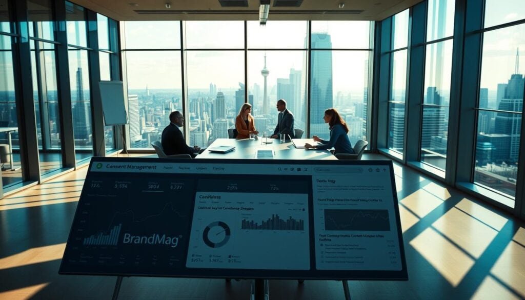 A sleek, modern office interior with floor-to-ceiling windows, allowing natural light to flood the space. In the foreground, a BrandMag-branded consent management dashboard displays intuitive controls and visualizations, highlighting key compliance metrics. The middle ground features a team of professionals collaborating around a large conference table, discussing data privacy strategies. The background showcases the bustling city skyline, reflecting the dynamic nature of the digital landscape. Cinematic lighting casts dramatic shadows, creating a sense of depth and professionalism. The overall atmosphere conveys a balance of technological sophistication and human-centric design, embodying the essence of consent management for seamless compliance automation.