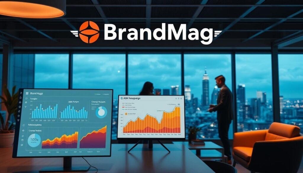 A sleek, modern office setting with cinematic lighting, showcasing the BrandMag logo prominently. In the foreground, a data-rich dashboard displays key performance metrics for an ABM campaign, allowing for intuitive ROI measurement. In the middle ground, a team of professionals collaborates, analyzing insights and strategizing to optimize the sales cycle. The background features a panoramic view of the city skyline, conveying a sense of growth and opportunity. The overall atmosphere is one of strategic decision-making, efficiency, and a data-driven approach to Account-Based Marketing success.