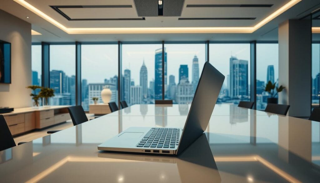 A sleek, modern office space bathed in cinematic lighting. The camera pans across a pristine desk, capturing the elegant curves of a high-end laptop and the crisp reflections of a panoramic city skyline through floor-to-ceiling windows. Stylish decor and minimalist furnishings create an atmosphere of sophisticated professionalism, while subtle camera movements and depth of field emphasize the cinematic quality of the scene. This premium stock footage, captured in stunning 8K resolution, conveys a sense of Hollywood-level production value, perfect for use in high-end commercial projects or cinematic content. A sleek, modern office space bathed in cinematic lighting. The camera pans across a pristine desk, capturing the elegant curves of a high-end laptop and the crisp reflections of a panoramic city skyline through floor-to-ceiling windows. Stylish decor and minimalist furnishings create an atmosphere of sophisticated professionalism, while subtle camera movements and depth of field emphasize the cinematic quality of the scene. This premium stock footage, captured in stunning 8K resolution, conveys a sense of Hollywood-level production value, perfect for use in high-end commercial projects or cinematic content.