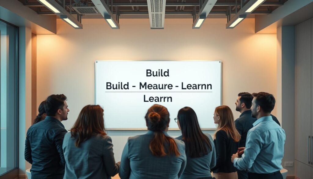 A sleek, modern office space bathed in warm, cinematic lighting. At the center, a large whiteboard displays the "Build-Measure-Learn" framework in bold, minimalist lettering. Surrounding the whiteboard, a team of professionals in business attire huddle, engaged in animated discussions, their expressions reflecting the thoughtful, iterative nature of the lean startup process. The scene is captured in photorealistic 8k detail, conveying the weight and importance of this essential component of the lean startup methodology. A sleek, modern office space bathed in warm, cinematic lighting. At the center, a large whiteboard displays the "Build-Measure-Learn" framework in bold, minimalist lettering. Surrounding the whiteboard, a team of professionals in business attire huddle, engaged in animated discussions, their expressions reflecting the thoughtful, iterative nature of the lean startup process. The scene is captured in photorealistic 8k detail, conveying the weight and importance of this essential component of the lean startup methodology.