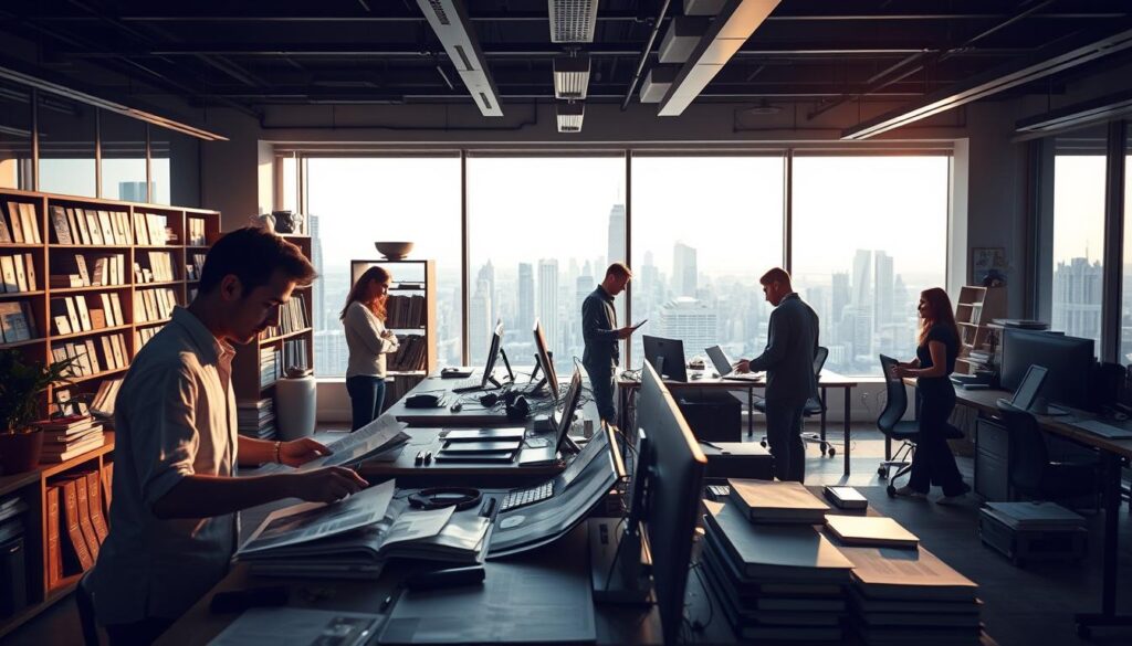 A sleek, modern office space filled with BrandMag's content creation and curation team hard at work. Cinematic lighting casts dramatic shadows, illuminating a workspace brimming with cutting-edge technology and tools of the trade. In the foreground, a team member carefully curates an array of user-generated content, meticulously selecting the best pieces to feature in the upcoming issue. The middle ground showcases creative professionals collaborating on innovative content strategies, surrounded by towering shelves of reference materials. In the background, a panoramic window offers a stunning city skyline, hinting at the global scale of BrandMag's influence. This 8K photorealistic scene captures the perfect blend of productivity, creativity, and professionalism that defines the brand's content creation and curation best practices. A sleek, modern office space filled with BrandMag's content creation and curation team hard at work. Cinematic lighting casts dramatic shadows, illuminating a workspace brimming with cutting-edge technology and tools of the trade. In the foreground, a team member carefully curates an array of user-generated content, meticulously selecting the best pieces to feature in the upcoming issue. The middle ground showcases creative professionals collaborating on innovative content strategies, surrounded by towering shelves of reference materials. In the background, a panoramic window offers a stunning city skyline, hinting at the global scale of BrandMag's influence. This 8K photorealistic scene captures the perfect blend of productivity, creativity, and professionalism that defines the brand's content creation and curation best practices.