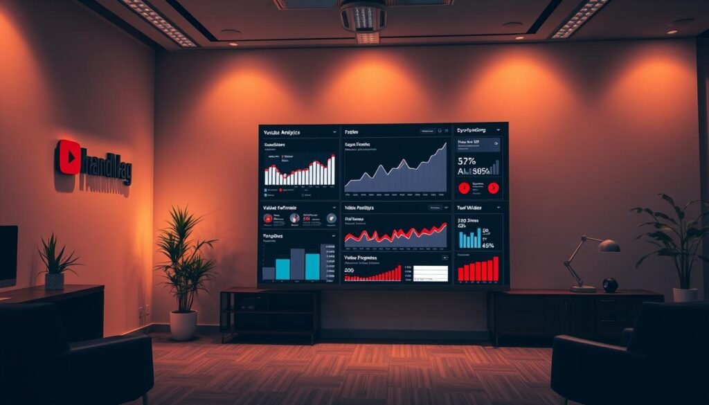 A sleek, modern office space flooded with warm, cinematic lighting. A BrandMag logo stands prominently on the wall, while a large display showcases detailed analytics insights for a successful YouTube channel. Streamlined infographics, charts, and graphs provide a comprehensive overview of subscriber growth, video performance, audience demographics, and valuable engagement metrics. The scene exudes a sense of professionalism and data-driven decision making, inspiring the viewer to leverage analytics to refine their own YouTube strategy.