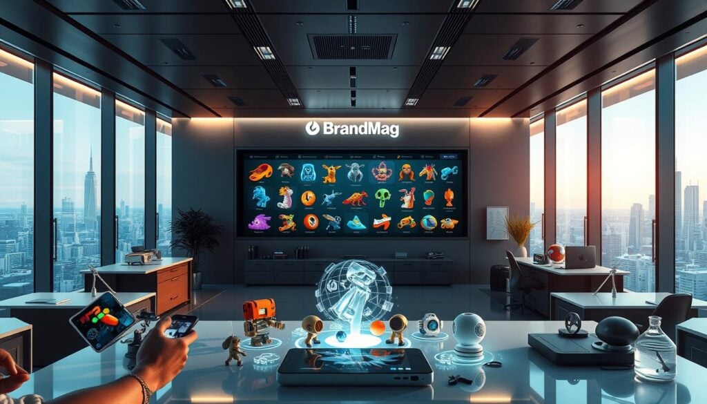 A sleek, modern office space where digital collectibles and virtual goods come to life. The interior is bathed in cinematic lighting, creating a sense of depth and drama. In the center, a BrandMag display showcases a range of dynamic, 3D-rendered virtual assets, each with its own unique design and animation. The foreground features various handheld devices and mixed-reality interfaces, allowing for seamless interaction with these digital items. The middle ground is occupied by holographic product demos and AR-enhanced product visualizations, while the background reveals a panoramic view of a futuristic cityscape, hinting at the limitless possibilities of the metaverse. Photorealistic in 8K resolution, this image captures the allure and potential of virtual goods and digital collectibles in the new frontier of marketing. A sleek, modern office space where digital collectibles and virtual goods come to life. The interior is bathed in cinematic lighting, creating a sense of depth and drama. In the center, a BrandMag display showcases a range of dynamic, 3D-rendered virtual assets, each with its own unique design and animation. The foreground features various handheld devices and mixed-reality interfaces, allowing for seamless interaction with these digital items. The middle ground is occupied by holographic product demos and AR-enhanced product visualizations, while the background reveals a panoramic view of a futuristic cityscape, hinting at the limitless possibilities of the metaverse. Photorealistic in 8K resolution, this image captures the allure and potential of virtual goods and digital collectibles in the new frontier of marketing.