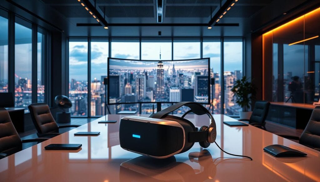 A sleek, modern office space with a central focus on virtual reality technology. In the foreground, a professional-grade VR headset sits on a glossy desk, surrounded by ergonomic office accessories. The middle ground features a large, curved display screen showcasing a captivating VR simulation, bathed in warm, cinematic lighting. In the background, floor-to-ceiling windows offer a panoramic view of a bustling city skyline, creating a sense of depth and sophistication. The overall atmosphere conveys the cutting-edge nature of virtual reality content creation, with a balance of form and function that inspires creativity and productivity.