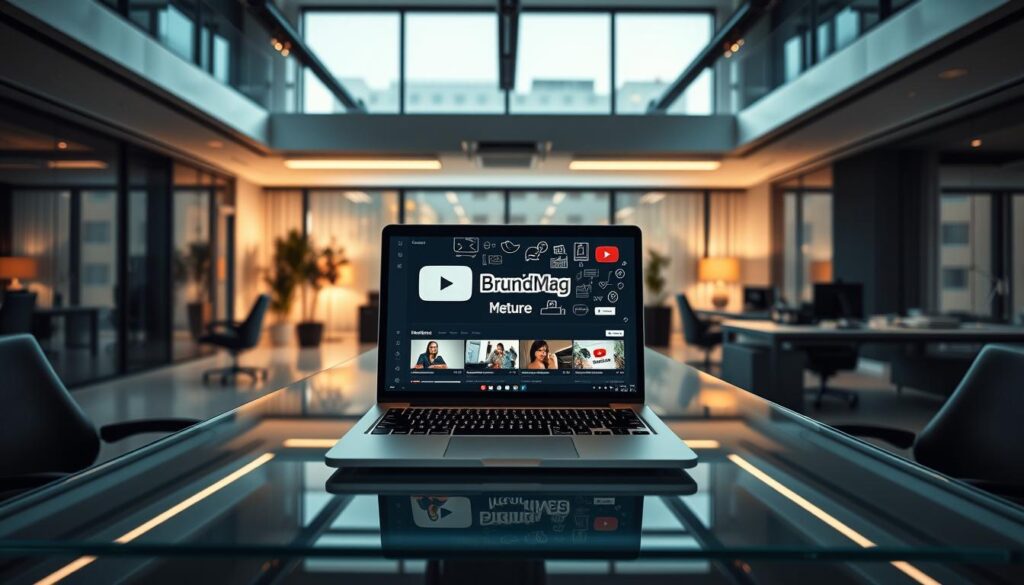 A sleek, modern office space with a cinematic atmosphere. In the foreground, a glass-topped desk showcases a laptop displaying YouTube optimization metadata thumbnails, the BrandMag logo prominently featured. Intricate icons and data visualizations adorn the screen, reflecting the technological sophistication of the content. The middle ground features ergonomic office furniture, a minimalist decor, and large windows allowing natural light to flood the space. In the background, high-contrast lighting creates a sense of depth, accentuating the professional, forward-thinking ambiance. The overall scene conveys the power of data-driven YouTube optimization strategies in the world of social media in 2025. A sleek, modern office space with a cinematic atmosphere. In the foreground, a glass-topped desk showcases a laptop displaying YouTube optimization metadata thumbnails, the BrandMag logo prominently featured. Intricate icons and data visualizations adorn the screen, reflecting the technological sophistication of the content. The middle ground features ergonomic office furniture, a minimalist decor, and large windows allowing natural light to flood the space. In the background, high-contrast lighting creates a sense of depth, accentuating the professional, forward-thinking ambiance. The overall scene conveys the power of data-driven YouTube optimization strategies in the world of social media in 2025.