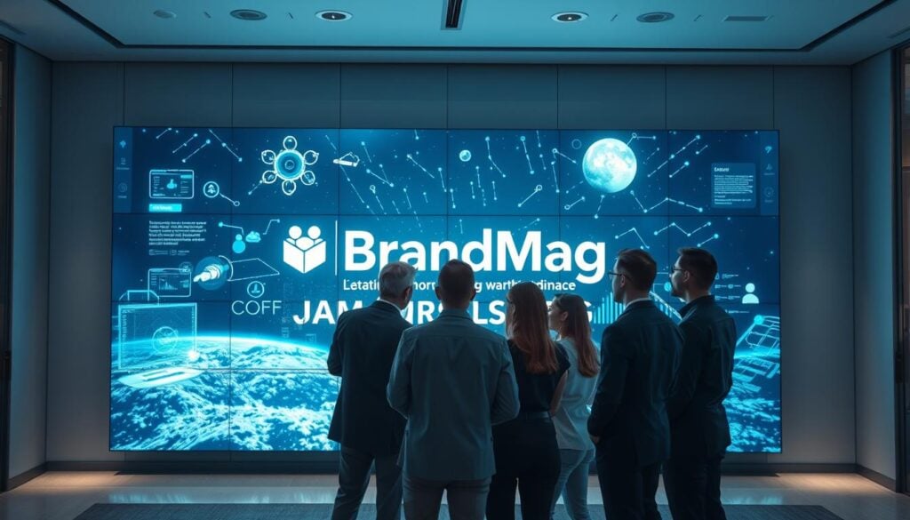 A sleek, modern office space with a large interactive display wall showcasing immersive video tools and AR/VR experiences. The scene is bathed in cinematic lighting, creating a sense of depth and drama. In the foreground, a group of professionals are collaborating on a holographic presentation, their expressions engaged as they explore the digital landscape. The BrandMag logo is subtly featured on the wall display, blending seamlessly into the high-tech environment. The overall atmosphere conveys the cutting-edge, immersive nature of the latest video marketing technologies. A sleek, modern office space with a large interactive display wall showcasing immersive video tools and AR/VR experiences. The scene is bathed in cinematic lighting, creating a sense of depth and drama. In the foreground, a group of professionals are collaborating on a holographic presentation, their expressions engaged as they explore the digital landscape. The BrandMag logo is subtly featured on the wall display, blending seamlessly into the high-tech environment. The overall atmosphere conveys the cutting-edge, immersive nature of the latest video marketing technologies.