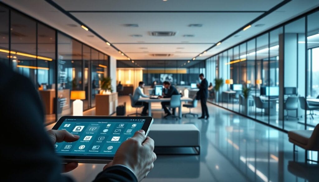 A sleek, modern office space with seamless integration of smart home technology. In the foreground, a tablet or smartphone display showcases various app interfaces effortlessly connected, allowing intuitive control over lighting, climate, and security. Cinematic lighting casts a warm glow, accentuating the clean lines of the minimalist furniture and glass walls. The middle ground features a central workstation, where employees collaborate on projects, their digital devices seamlessly synced. In the background, glimpses of additional workspaces and lounge areas hint at the office's expansive, technologically-advanced layout, all captured in a photorealistic 8K rendering. A sleek, modern office space with seamless integration of smart home technology. In the foreground, a tablet or smartphone display showcases various app interfaces effortlessly connected, allowing intuitive control over lighting, climate, and security. Cinematic lighting casts a warm glow, accentuating the clean lines of the minimalist furniture and glass walls. The middle ground features a central workstation, where employees collaborate on projects, their digital devices seamlessly synced. In the background, glimpses of additional workspaces and lounge areas hint at the office's expansive, technologically-advanced layout, all captured in a photorealistic 8K rendering.