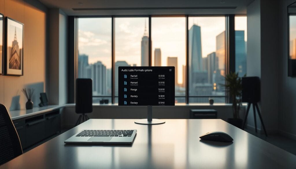 A sleek, modern office with clean lines and minimalist decor. In the foreground, a desk with a laptop, mouse, and keyboard, showcasing a digital display highlighting various audio file format export options. The lighting is soft and cinematic, creating a professional and visually appealing atmosphere. In the background, a large window overlooking a bustling city skyline, bathed in warm, golden hues. The scene conveys a sense of productivity, technology, and the importance of audio file management in a professional setting. Photorealistic, 8k resolution.