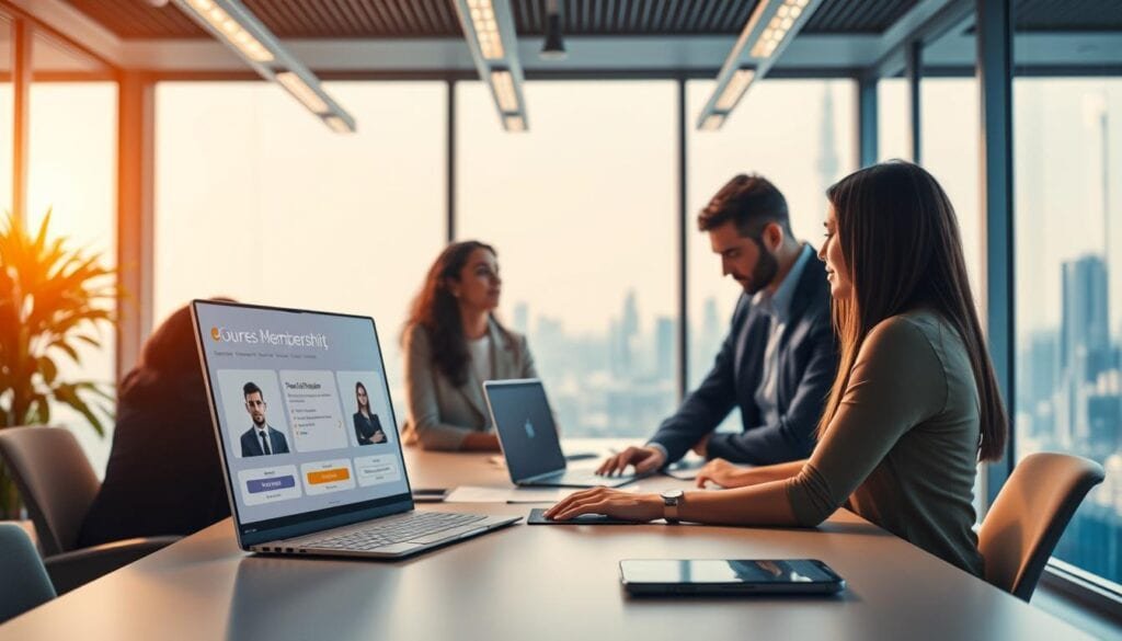 A sleek, modern online course membership platform set in a vibrant, well-lit business office. The foreground features a clean, minimalist user interface with intuitive navigation and course enrollment options. In the middle ground, a team of professionals collaborates on course content and platform development, their faces slightly obscured by the crisp, cinematic lighting. The background showcases a panoramic view of the city skyline, conveying a sense of growth, innovation, and global reach. The entire scene is rendered in photorealistic 8K detail, exuding a professional, polished atmosphere befitting a leading educational technology solution. A sleek, modern online course membership platform set in a vibrant, well-lit business office. The foreground features a clean, minimalist user interface with intuitive navigation and course enrollment options. In the middle ground, a team of professionals collaborates on course content and platform development, their faces slightly obscured by the crisp, cinematic lighting. The background showcases a panoramic view of the city skyline, conveying a sense of growth, innovation, and global reach. The entire scene is rendered in photorealistic 8K detail, exuding a professional, polished atmosphere befitting a leading educational technology solution.