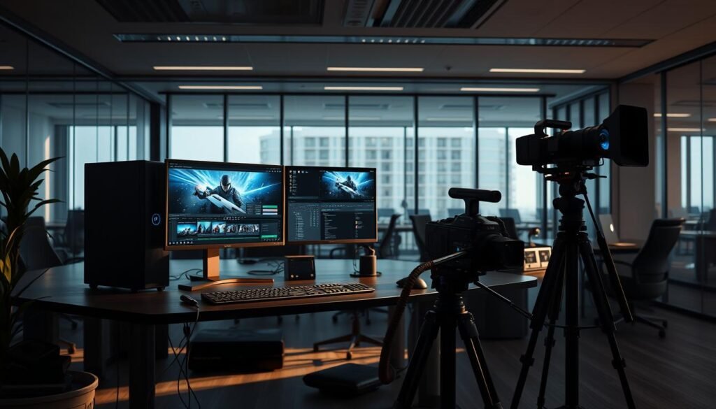 A sleek, modern video editing workstation set against a backdrop of a meticulously designed corporate office. Cinematic lighting casts dramatic shadows, highlighting the array of high-end video editing equipment: a powerful desktop computer, a large 8K display, and a professional-grade video camera on a sturdy tripod. The space exudes a sense of creativity and technical prowess, beckoning the viewer to imagine the captivating tutorials and gaming content that could be produced here. The overall atmosphere is one of sophistication, innovation, and the seamless integration of advanced video editing capabilities. A sleek, modern video editing workstation set against a backdrop of a meticulously designed corporate office. Cinematic lighting casts dramatic shadows, highlighting the array of high-end video editing equipment: a powerful desktop computer, a large 8K display, and a professional-grade video camera on a sturdy tripod. The space exudes a sense of creativity and technical prowess, beckoning the viewer to imagine the captivating tutorials and gaming content that could be produced here. The overall atmosphere is one of sophistication, innovation, and the seamless integration of advanced video editing capabilities.