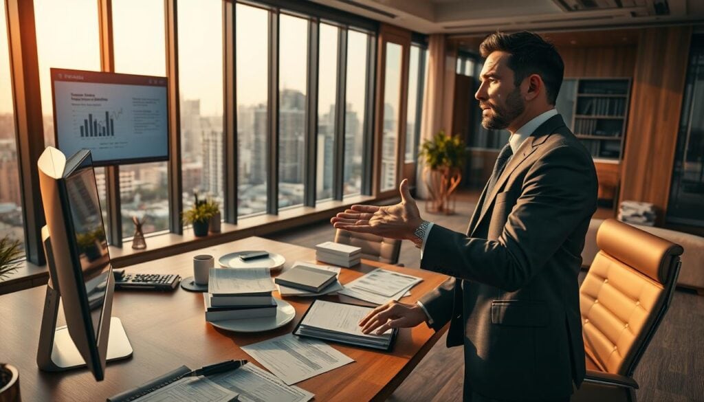 A spacious and well-lit modern office with a large wooden desk, a desktop computer, and a collection of financial documents and reports neatly arranged. In the foreground, a businessman wearing a sharp suit is gesturing towards a visual presentation on a large wall-mounted screen, his expression thoughtful and focused. The room is bathed in warm, cinematic lighting, creating a sense of professionalism and authority. In the background, a large window offers a view of a bustling city skyline, hinting at the broader financial landscape. This photorealistic scene captures the essence of strategic cash flow management, a crucial aspect of successful startup operations. A spacious and well-lit modern office with a large wooden desk, a desktop computer, and a collection of financial documents and reports neatly arranged. In the foreground, a businessman wearing a sharp suit is gesturing towards a visual presentation on a large wall-mounted screen, his expression thoughtful and focused. The room is bathed in warm, cinematic lighting, creating a sense of professionalism and authority. In the background, a large window offers a view of a bustling city skyline, hinting at the broader financial landscape. This photorealistic scene captures the essence of strategic cash flow management, a crucial aspect of successful startup operations.