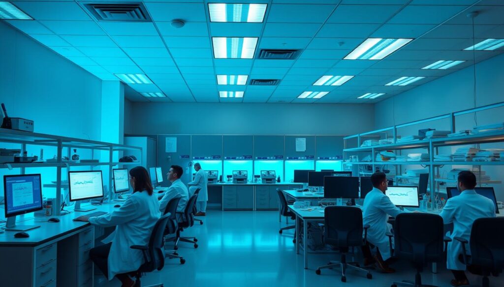 A spacious, well-equipped clinical research laboratory with state-of-the-art equipment and instruments. The room is bathed in a calming blue hue from the overhead LED lighting, which simulates the spectrum of blue light wavelengths. Rows of desks and chairs are arranged neatly, creating an organized and professional atmosphere. Scientists in white coats intently study data on computer screens, their faces illuminated by the soft, ambient glow. The overall scene conveys a sense of scientific inquiry and rigorous investigation into the effects of blue light exposure.