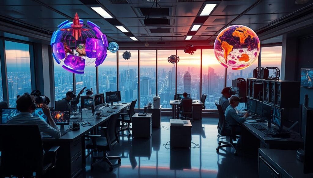 A sprawling, futuristic VR development studio, filled with sleek, ergonomic workstations and immersive display setups. Vibrant holograms and virtual prototypes hover in the air, as a team of designers meticulously craft intricate, lifelike environments. Dramatic, cinematic lighting casts dramatic shadows, creating a sense of depth and drama. In the background, a vast window offers a panoramic view of a bustling, high-tech cityscape. The atmosphere is one of focused, cutting-edge innovation, as the team pushes the boundaries of what's possible in virtual reality.