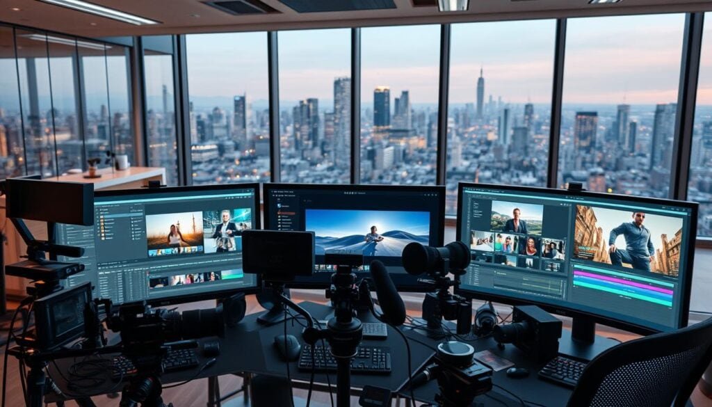 A state-of-the-art video editing suite fills a modern office workspace. Sleek, high-resolution computer screens display intuitive video editing software tools, their interfaces illuminated by cinematic lighting. Cutting-edge cameras, microphones, and other professional-grade equipment occupy the foreground, hinting at the immense creative potential. In the background, a panoramic city skyline provides an urbane, productive atmosphere. This photorealistic scene captures the essential tools and environment for crafting high-quality, visually stunning vlogs and videos.