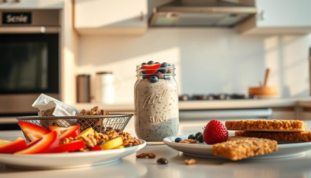 A sunny, well-lit kitchen counter showcases an assortment of healthy, easy-to-prepare snacks for busy mornings. In the foreground, a plate holds sliced fruit, granola bars, and trail mix, all arranged with a sense of effortless elegance. In the middle ground, a mason jar brims with overnight oats, topped with fresh berries. The background features a modern backsplash and minimalist kitchen appliances, bathed in warm, cinematic lighting that creates a cozy, inviting atmosphere. This photorealistic scene captures the essence of quick, nutritious snacks that can fuel the workday and boost brain power. A sunny, well-lit kitchen counter showcases an assortment of healthy, easy-to-prepare snacks for busy mornings. In the foreground, a plate holds sliced fruit, granola bars, and trail mix, all arranged with a sense of effortless elegance. In the middle ground, a mason jar brims with overnight oats, topped with fresh berries. The background features a modern backsplash and minimalist kitchen appliances, bathed in warm, cinematic lighting that creates a cozy, inviting atmosphere. This photorealistic scene captures the essence of quick, nutritious snacks that can fuel the workday and boost brain power.