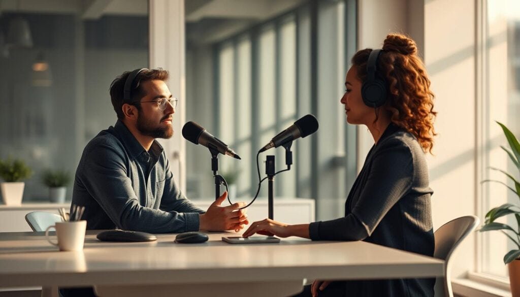 A thoughtful podcast host sits at a minimalist desk, their expression focused and engaged as they listen intently to their guest. The modern office setting is bathed in soft, cinematic lighting, creating a warm and inviting atmosphere. The host's body language conveys a genuine interest, subtly guiding the conversation while avoiding the temptation of self-promotion. The scene is captured in vivid, photorealistic detail, conveying the importance of staying present and empowering the guest during an interview.