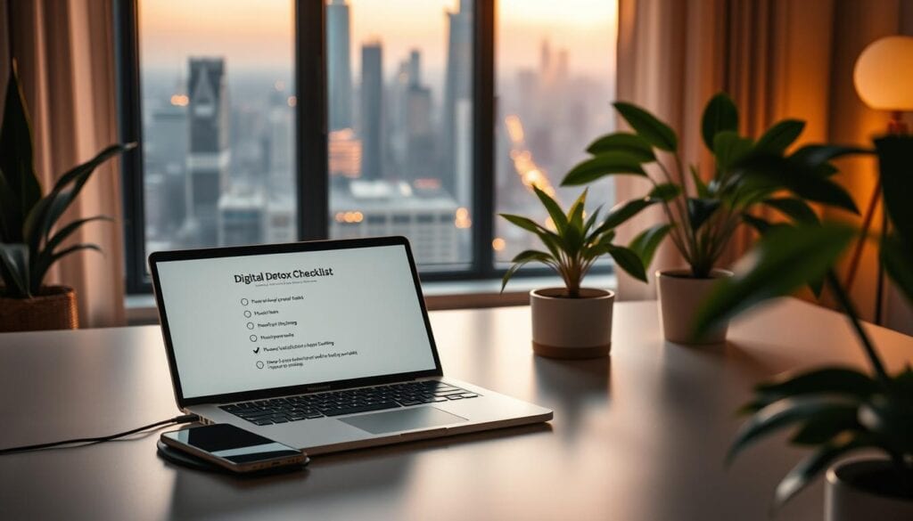 A tranquil office space, bathed in warm, cinematic lighting. A laptop sits on a minimalist desk, its screen displaying a digital detox checklist. Nearby, a smartphone rests on a wireless charging pad, its screen dimmed. Plants and natural textures create a calming ambiance, inviting focus and mindfulness. In the background, a window overlooks a bustling city skyline, symbolizing the balance between digital and analog worlds. The scene evokes a sense of gradual, intentional digital disengagement, a visual representation of a holistic detox strategy. Photorealistic, 8K resolution. A tranquil office space, bathed in warm, cinematic lighting. A laptop sits on a minimalist desk, its screen displaying a digital detox checklist. Nearby, a smartphone rests on a wireless charging pad, its screen dimmed. Plants and natural textures create a calming ambiance, inviting focus and mindfulness. In the background, a window overlooks a bustling city skyline, symbolizing the balance between digital and analog worlds. The scene evokes a sense of gradual, intentional digital disengagement, a visual representation of a holistic detox strategy. Photorealistic, 8K resolution.