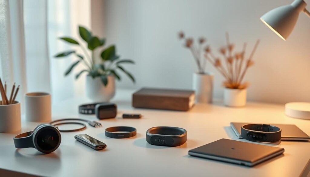 A tranquil workspace filled with the tools of the wellness trade - meditation audio players, fitness trackers, and other life-enhancing digital devices. Soft, cinematic lighting bathes the scene, casting a serene, contemplative atmosphere. The focus is on the various gadgets and peripherals, neatly arranged on a clean, minimalist desk against a backdrop of soothing, nature-inspired decor. The overall impression is one of calm, balance, and the promise of personal growth and self-improvement through mindful technology. Photorealistic, 8K resolution. A tranquil workspace filled with the tools of the wellness trade - meditation audio players, fitness trackers, and other life-enhancing digital devices. Soft, cinematic lighting bathes the scene, casting a serene, contemplative atmosphere. The focus is on the various gadgets and peripherals, neatly arranged on a clean, minimalist desk against a backdrop of soothing, nature-inspired decor. The overall impression is one of calm, balance, and the promise of personal growth and self-improvement through mindful technology. Photorealistic, 8K resolution.
