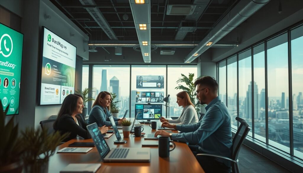 A vibrant and modern office scene, bathed in cinematic lighting. In the foreground, a team of professionals collaborating on innovative messaging campaigns for the BrandMag brand. Sleek digital displays showcase creative social media concepts, interactive chatbots, and cutting-edge mobile marketing strategies. The middle ground features a dynamic blend of mobile devices, infographics, and visually striking data visualizations. In the background, a panoramic view of the cityscape, hinting at the reach and impact of these cutting-edge mobile marketing initiatives. Photorealistic, 8K resolution, capturing the essence of "Innovative Mobile Channels: WhatsApp, MMS, and Chatbots" within the context of "Mobile Marketing Trends: Reaching Customers on the Go in 2025". A vibrant and modern office scene, bathed in cinematic lighting. In the foreground, a team of professionals collaborating on innovative messaging campaigns for the BrandMag brand. Sleek digital displays showcase creative social media concepts, interactive chatbots, and cutting-edge mobile marketing strategies. The middle ground features a dynamic blend of mobile devices, infographics, and visually striking data visualizations. In the background, a panoramic view of the cityscape, hinting at the reach and impact of these cutting-edge mobile marketing initiatives. Photorealistic, 8K resolution, capturing the essence of "Innovative Mobile Channels: WhatsApp, MMS, and Chatbots" within the context of "Mobile Marketing Trends: Reaching Customers on the Go in 2025".